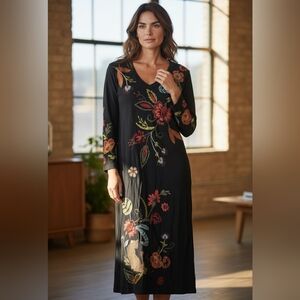 Johnny Was Isabella Kimono Sleeve  Black Dress with Colorful Floral Embroidery